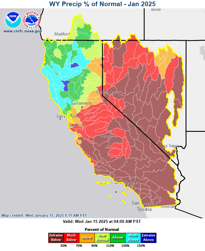northern CA precipitation for the water year to date remains near to above average, while the remainder of the region has seen less in the way of storm activity and remains below average.