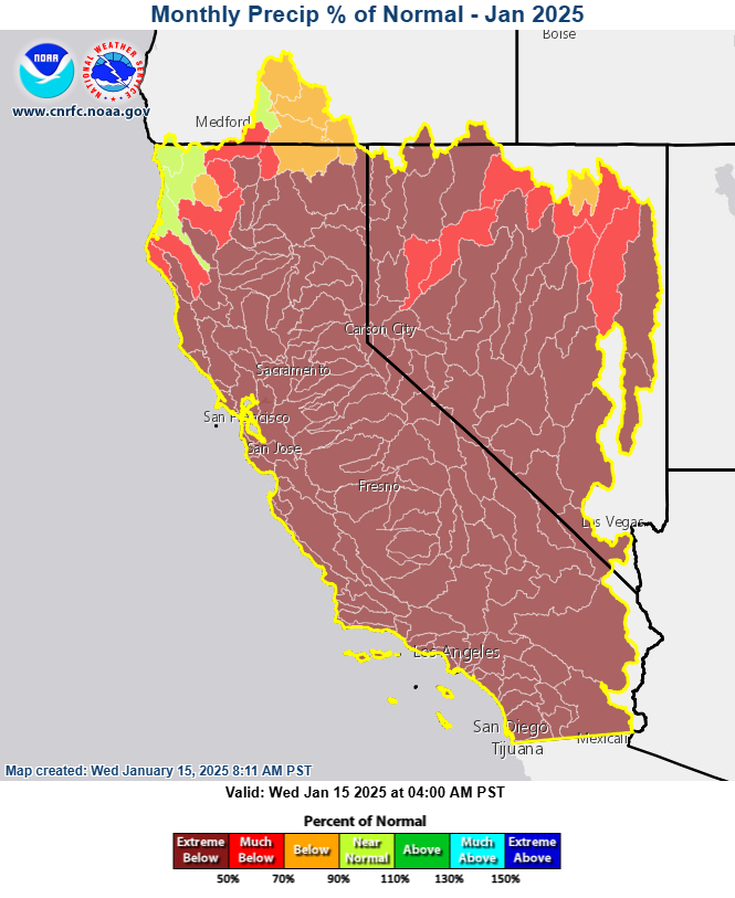 Most of the region has seen far below average precipitation this month except for the far NW portion of CA and portions of the Klamath River basin.