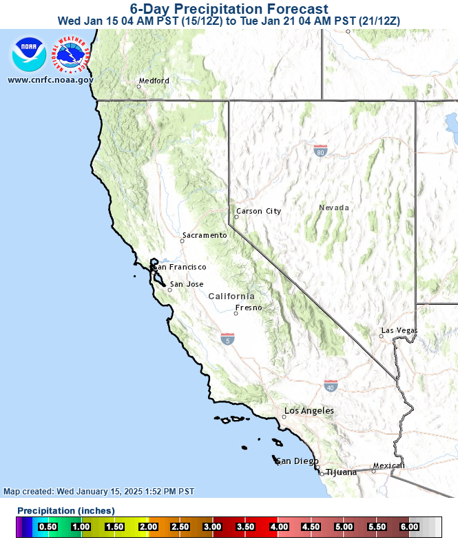 Dry conditions are forecast across CA and NV for the next 6 days.