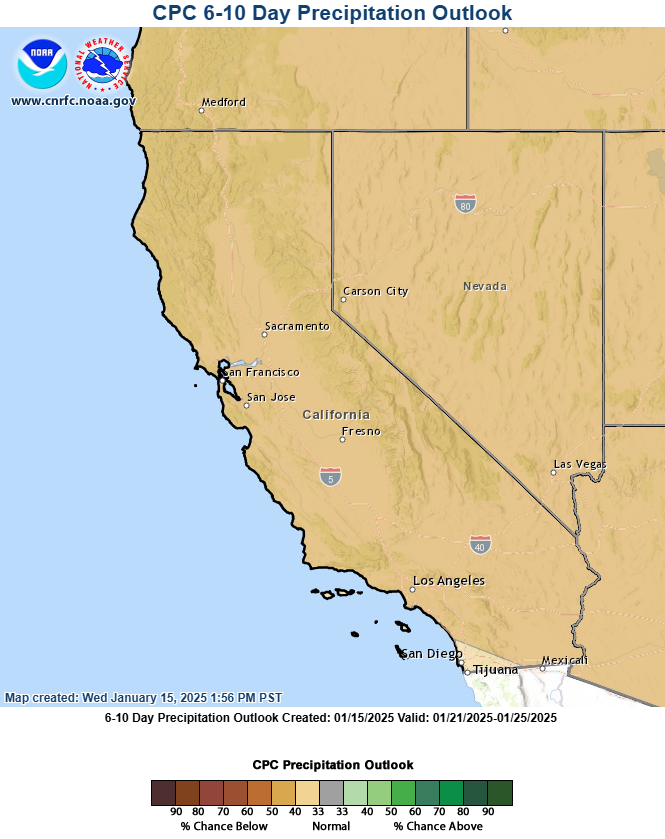 The precipitation outlook for CA and NV from January 21 through 25 leans toward below-normal conditions.