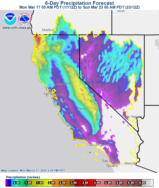 Precipitation forecast for the next 6 days, which shows 1 to 2 inches of liquid-equivalent amounts in much of the higher terrain of California and 0.5-1” in northeast Nevada.