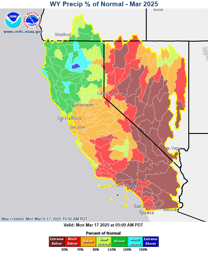 Precipitation percent of normal since October 1, 2024.  Northern California has been above normal, with most other areas below normal.