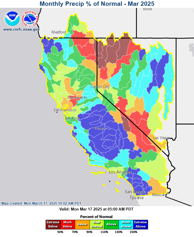 March precipitation percent of normal so far.  Wettest conditions compared to average have been in NW California, central and southern California, and NE Nevada.
