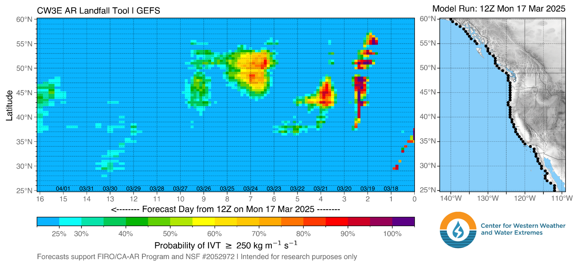 This atmospheric river landfall tool graphic shows possibilities for atmospheric river landfalls in northern CA later this week and this weekend, with largely quiet conditions for the rest of March.