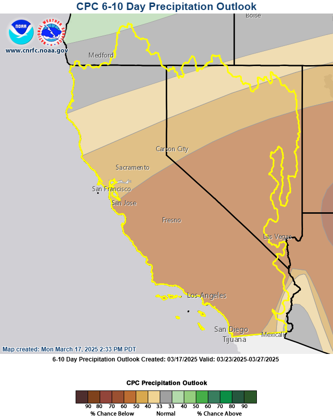  The precipitation outlook from the Climate Prediction Center for March 23-27 favors below-average precipitation for the southern half of the region and transitioning to equal chances of above- or below-normal precipitation in far northern CA/NV.