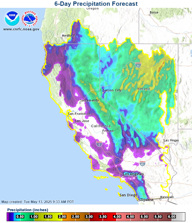 6-day forecast precipitation, with widespread 1-2in totals along the Sierra and throughout the Humboldt watershed