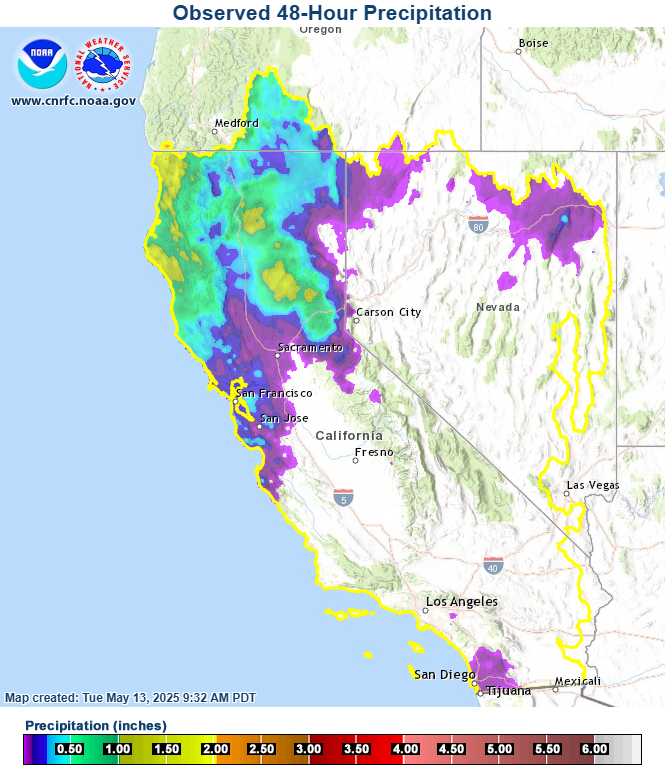 Observed 2-day accumulated precipitation showing highest amounts along the north coast and in the Shasta and Feather basins.
