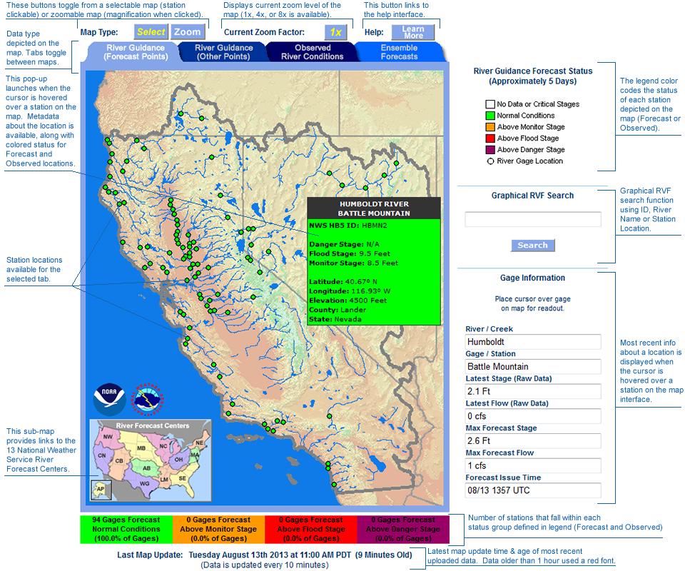 Image of map interface, with captions about each portion.