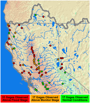 Map of Flood Forecast Points and Observed Status During Heavy Precipitation Event